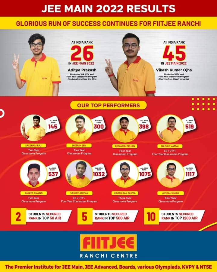 Psychographic Society - Know FIITJEE Ranchi JEE main 2022 Topper and Top 10 rankers Know FIITJEE Ranchi JEE main 2022 Topper and Top 10 rankers