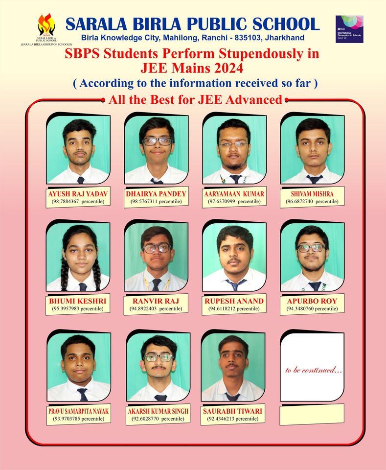 Psychographic Society - Know JEE Main 2024-2025 Topper and Result of Sarla Birla Public School Ranchi – Session 1 and 2 Psychographic Society - Know JEE Main 2024-2025 Topper and Result of Sarla Birla Public School Ranchi – Session 1 and 2