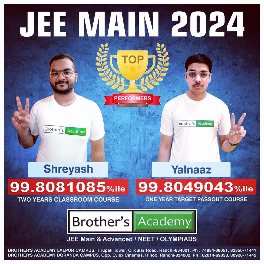 Psychographic Society - Know JEE Main 2024-2025 Topper and Result of Brother's Academy Ranchi – Session 1 and 2