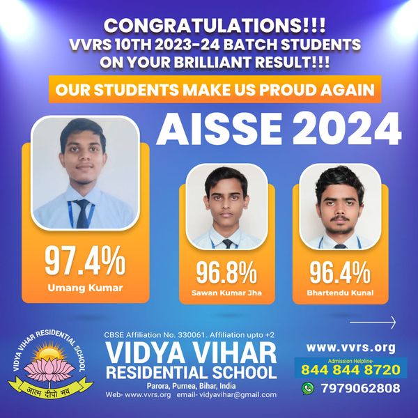 VIDYA VIHAR RESIDENTIAL SCHOOL STUDENTS ACHIEVE 100% SUCCESS IN CBSE 2024 EXAMS
