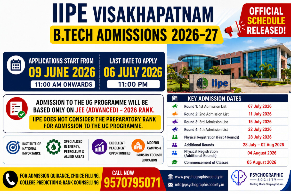 Psychographic Society - IIPE Admissions 2026: IIPE Releases B.Tech Admission Schedule 2026-27; Applications Begin from June 9 Only JEE Advanced 2026 Rank Will Be Considered IIPE NOTIFICATION
